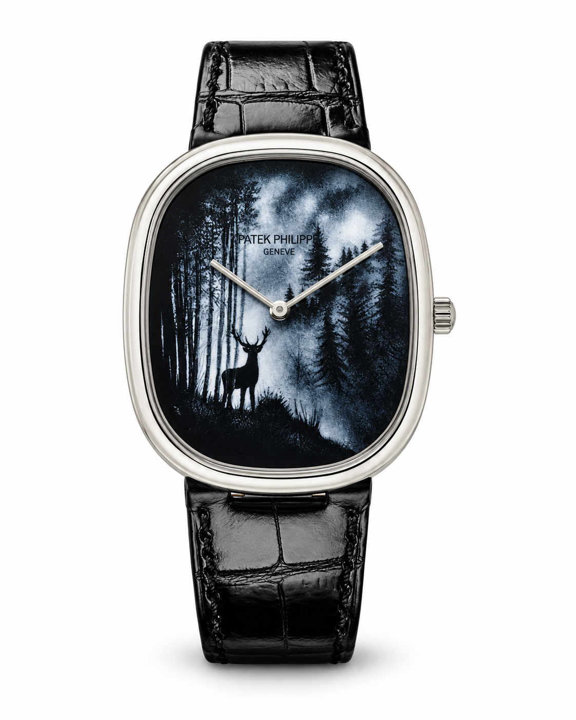 Patek Philippe Geneve Luxury Quartz Watch – Silver Case & Black Forest Dial