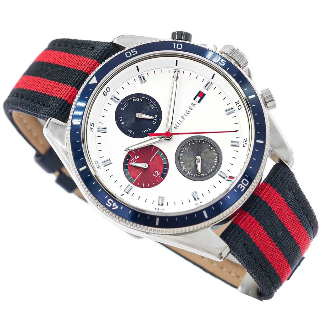 Tommy Hilfiger Sport Multifunction Watch – White Dial, Navy & Red Strap – Original