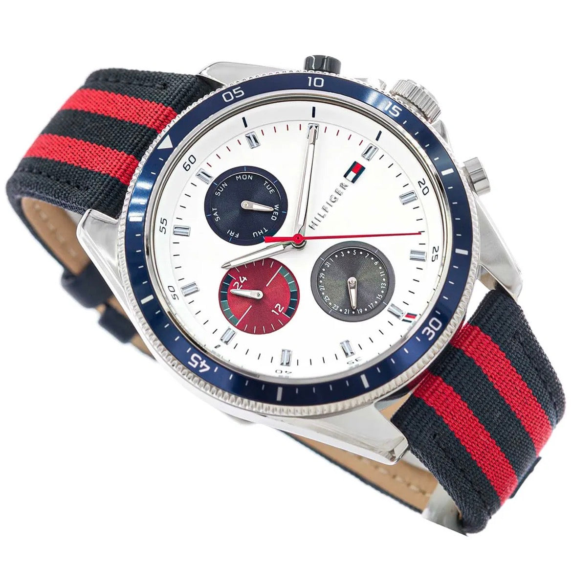 Tommy Hilfiger Sport Multifunction Watch – White Dial, Navy & Red Strap – Original