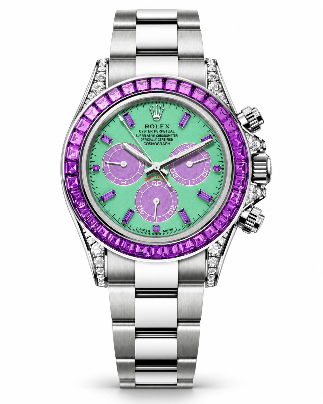 Rolex Daytona Four Seasons Spring – Green Dial & Purple Bezel Silver Chronograph | Super Clone