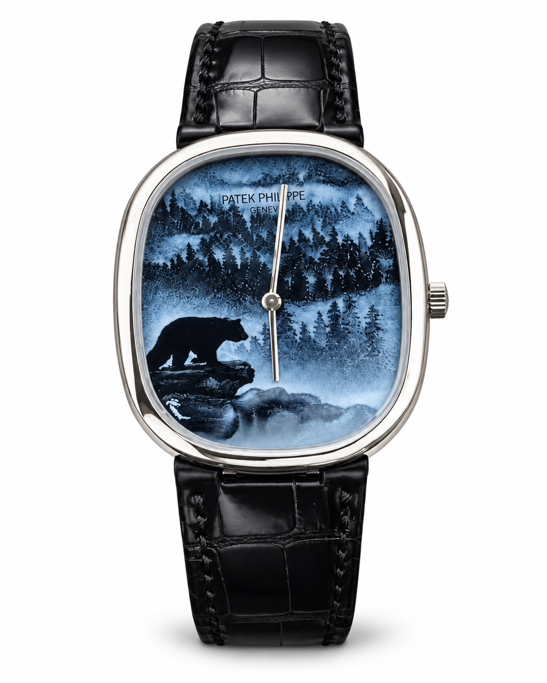 Patek Philippe Geneve Quartz Watch – Blue Forest Dial & Black Leather Strap