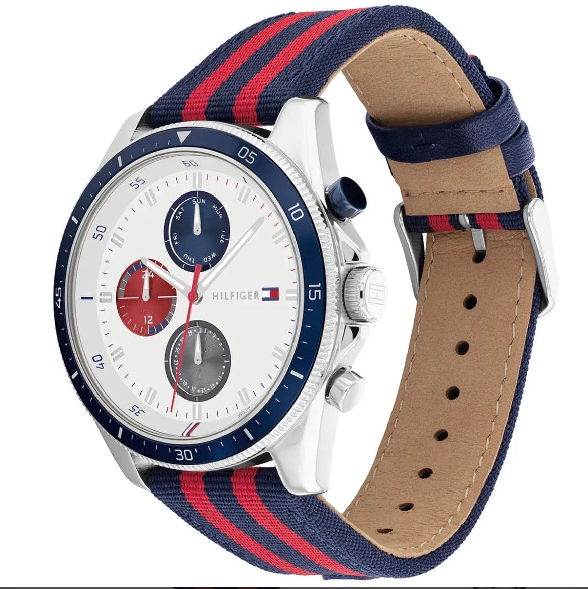 Tommy Hilfiger Sport Multifunction Watch – White Dial, Navy & Red Strap – Original