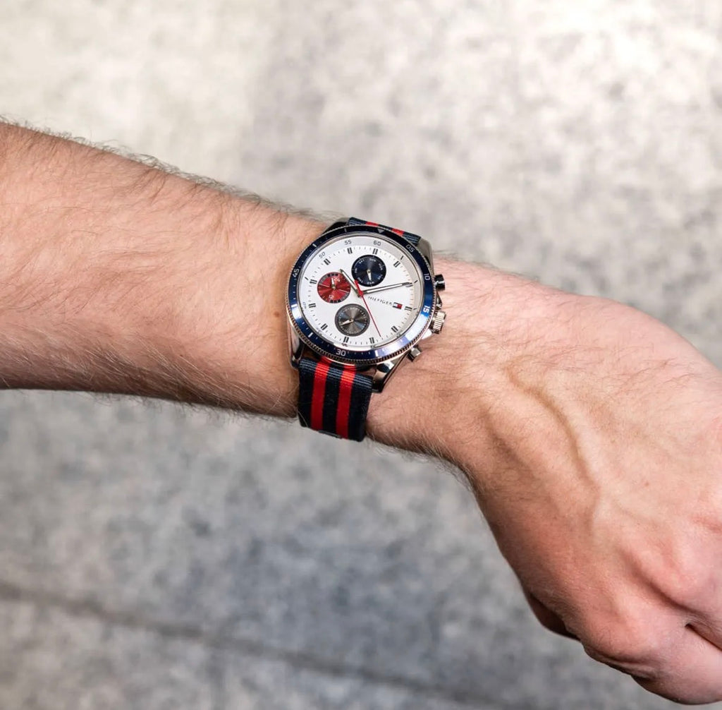 Tommy Hilfiger Sport Multifunction Watch – White Dial, Navy & Red Strap – Original