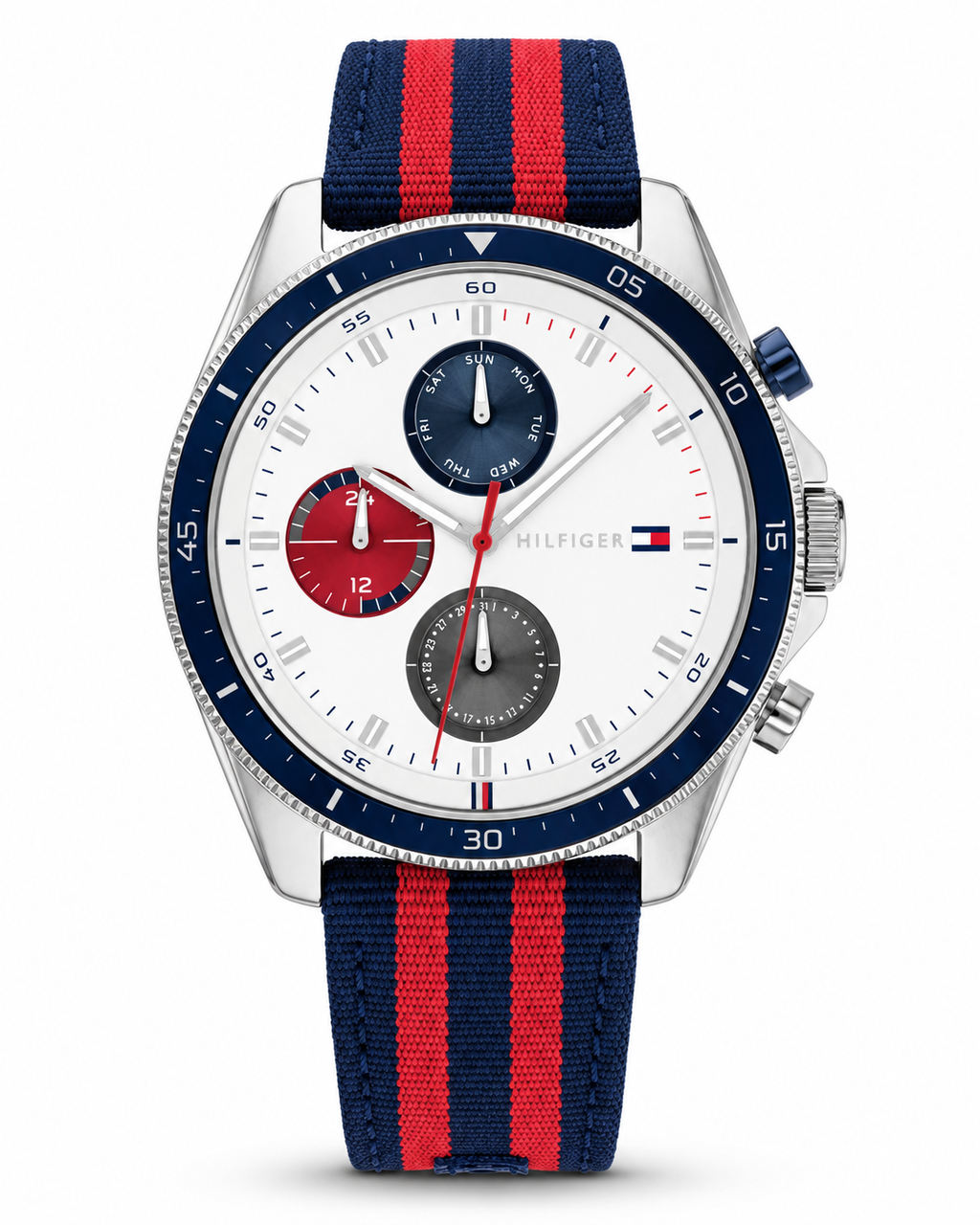 Tommy Hilfiger Sport Multifunction Watch – White Dial, Navy & Red Strap – Original