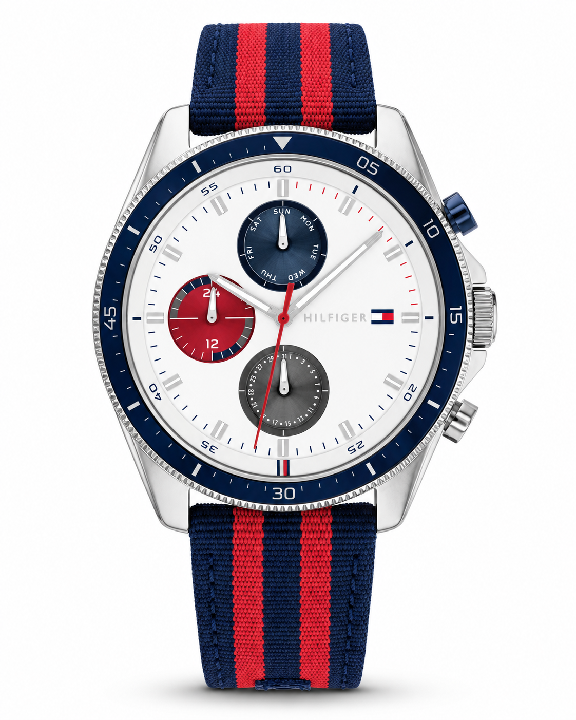 Tommy Hilfiger Sport Multifunction Watch – White Dial, Navy & Red Strap – Original