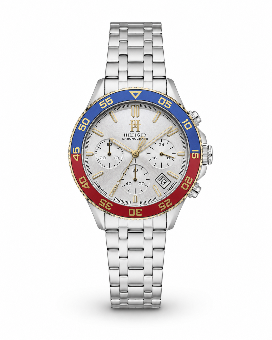 Tommy Hilfiger Men’s Chronograph Stainless Steel Watch – Silver Dial with Blue & Red Bezel | Original