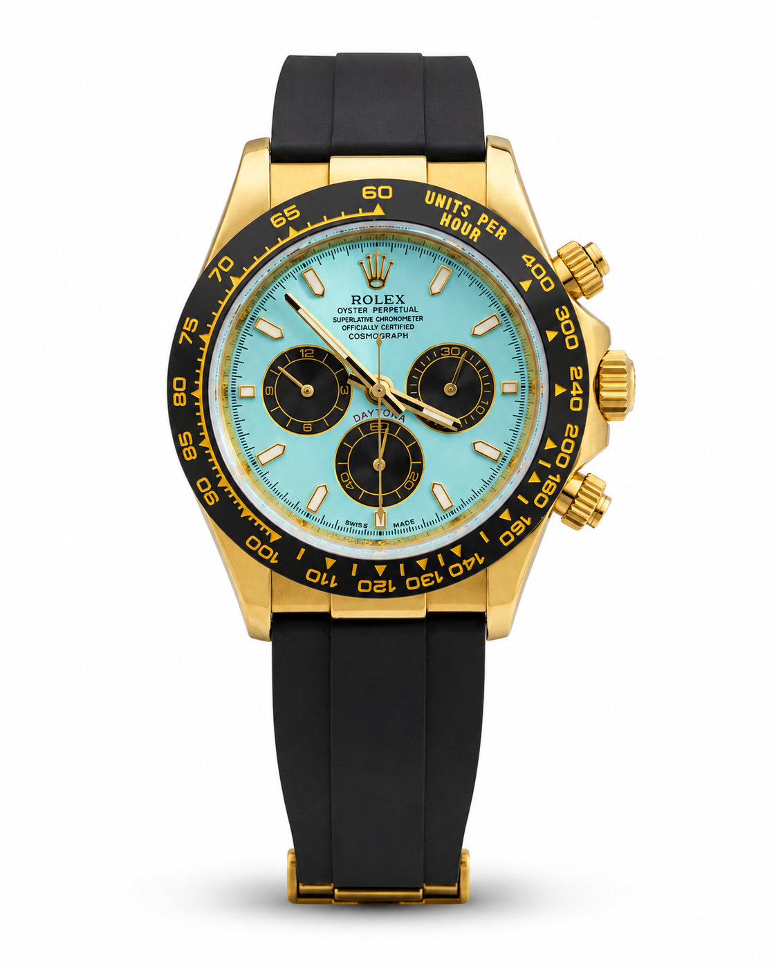 Rolex Daytona Automatic Master Quality – Gold Case with Ice Blue Dial & Black Rubber Strap