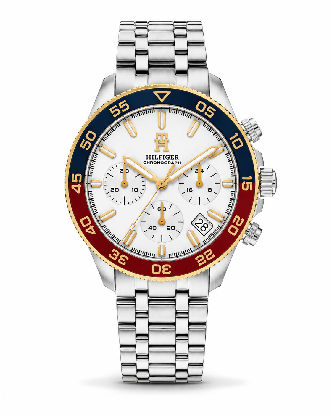Tommy Hilfiger Men’s Chronograph Stainless Steel Watch – Silver Dial with Blue & Red Bezel | Original