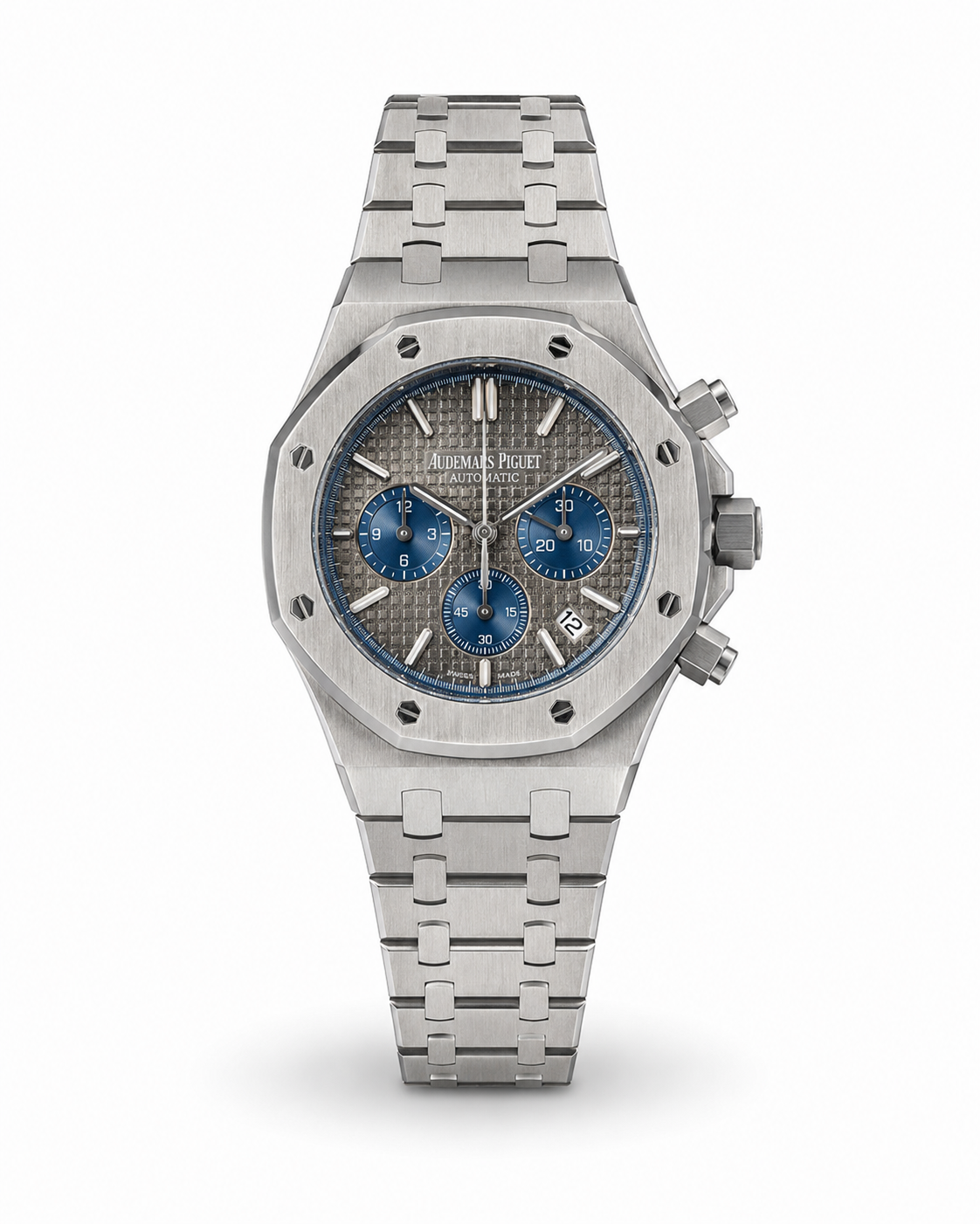 Master Quality Automatic Royal Oak Style Chronograph Watch – Grey Tapisserie Dial with Blue Sub-Dials | Stainless Steel