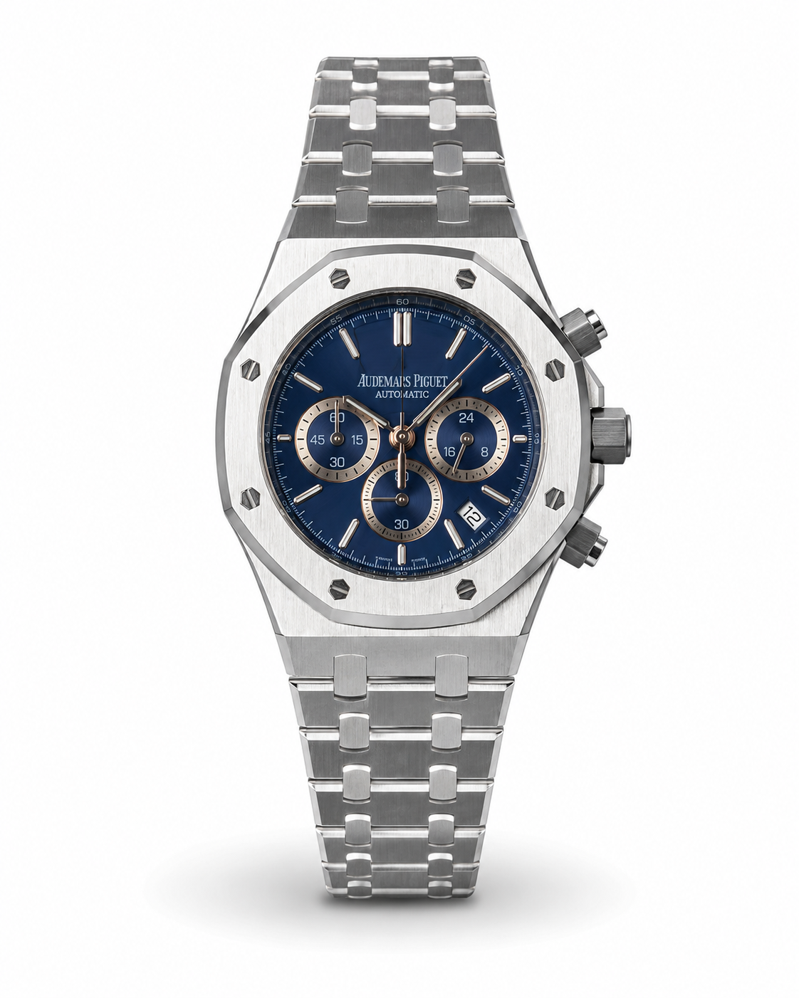 Master Quality Automatic Royal Oak Style Chronograph Watch – Blue Dial with Rose Gold Accents | Stainless Steels