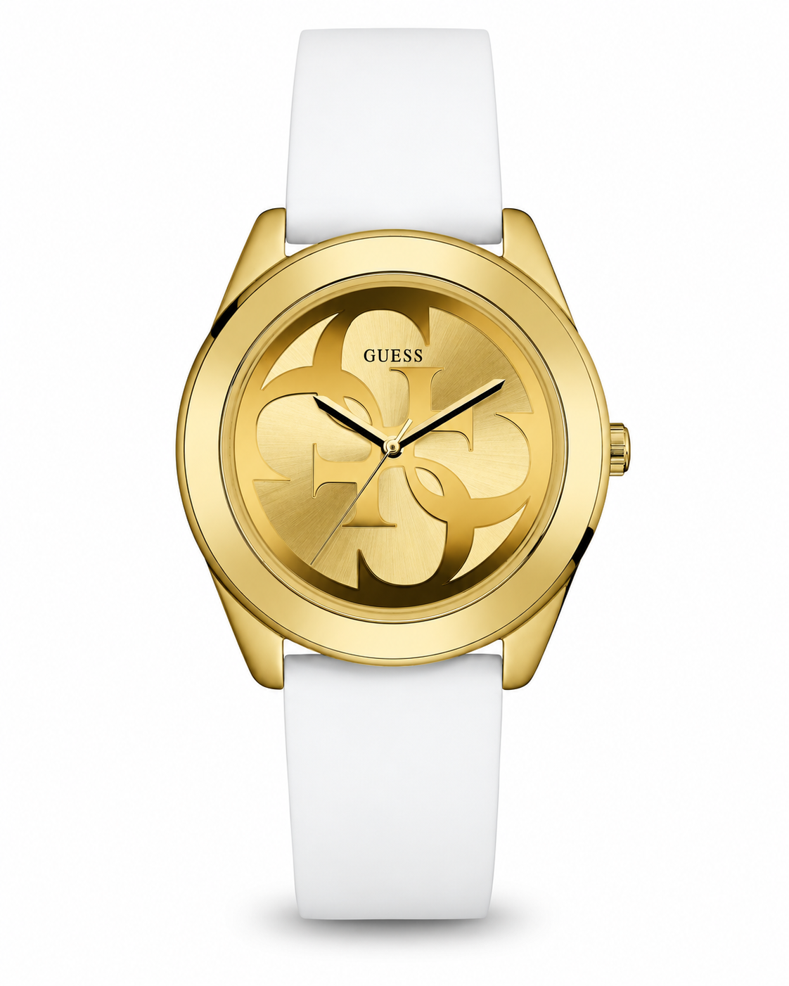 GUESS Women’s Gold-Tone Floral Dial Watch with White Strap