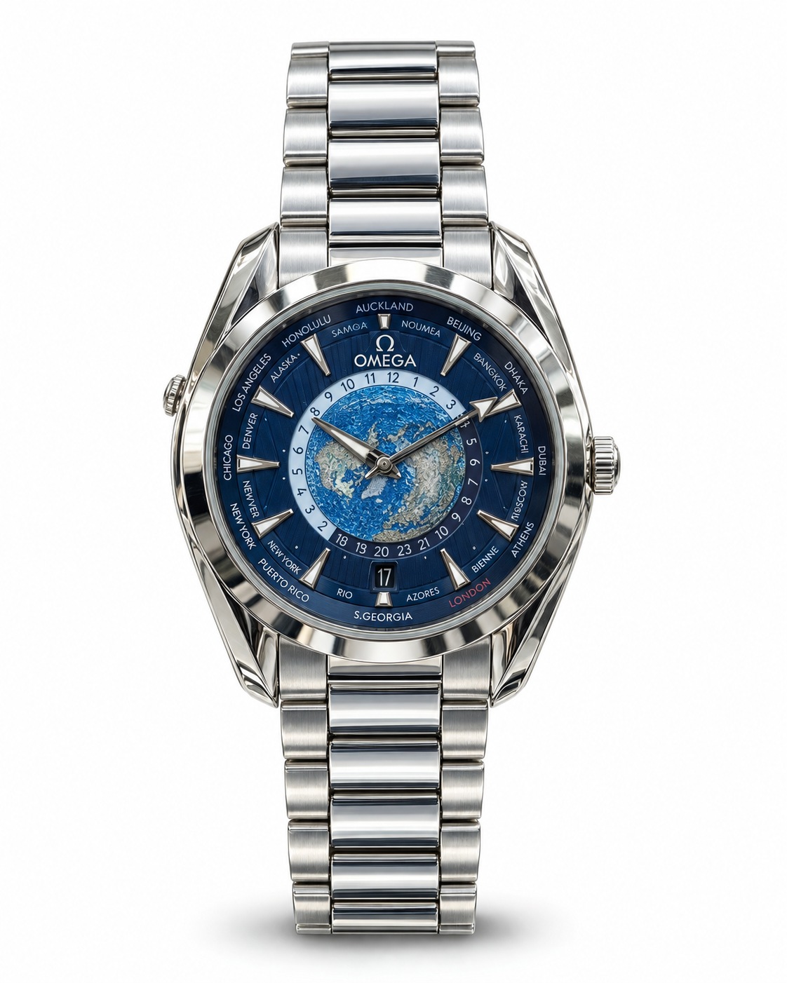 Omega Worldtimer Style Luxury Men’s Watch – Blue Globe Dial & Stainless Steel Bracelet