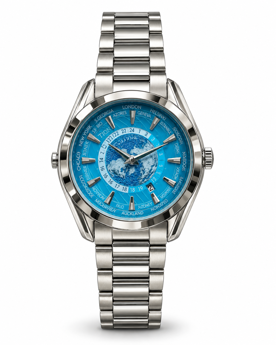 Luxury Men’s Blue World Time Quartz Watch – Stainless Steel Bracelet