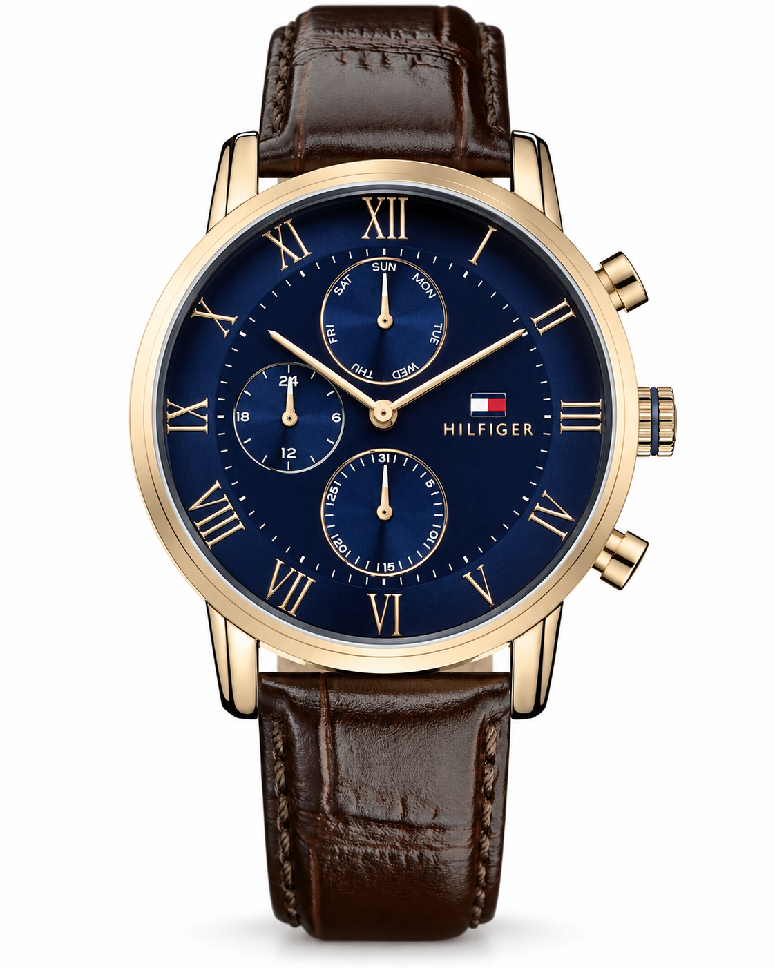 Tommy Hilfiger Men’s Gold-Tone & Brown Leather Multifunction Quartz Watch – Navy Blue Dial