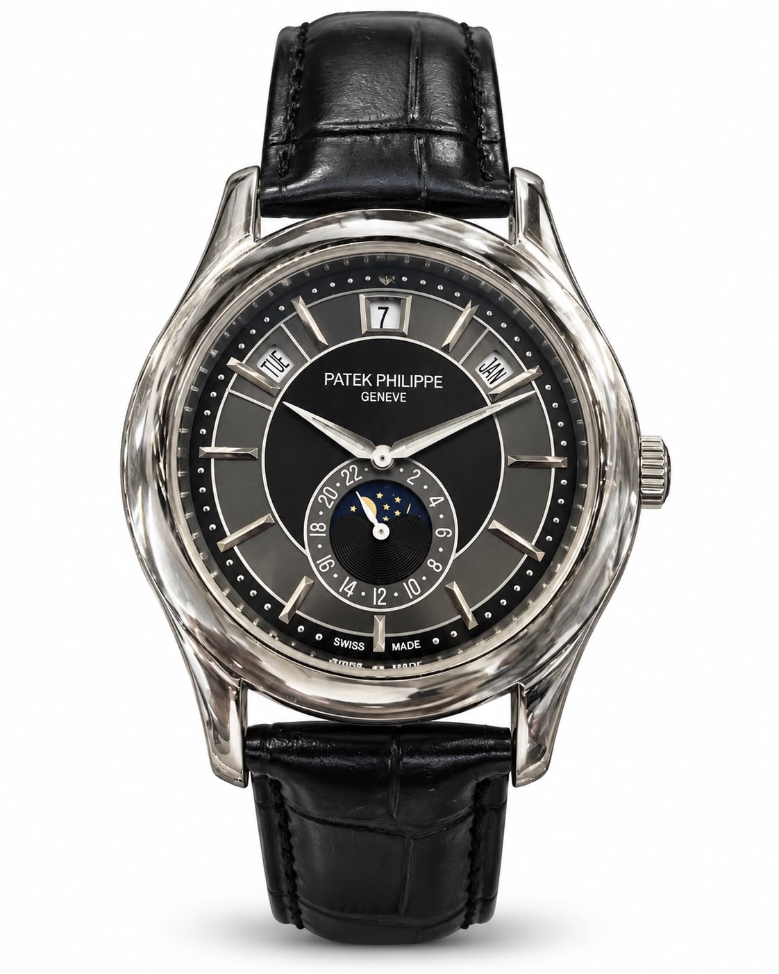 Patek Philippe Geneve Black Dial Moon Phase Leather Watch