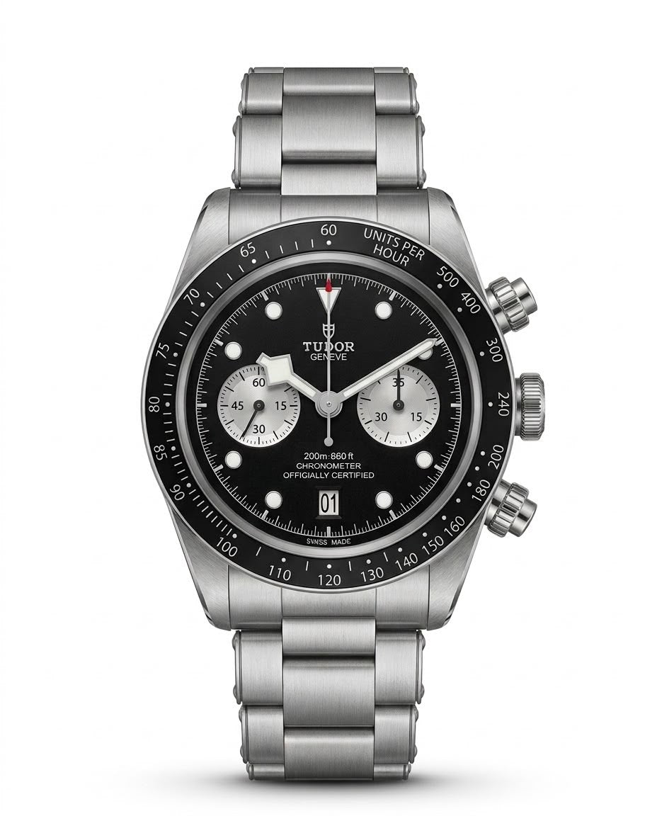Tudor Black Dial Chronograph Automatic Watch – Stainless Steel Bracelet