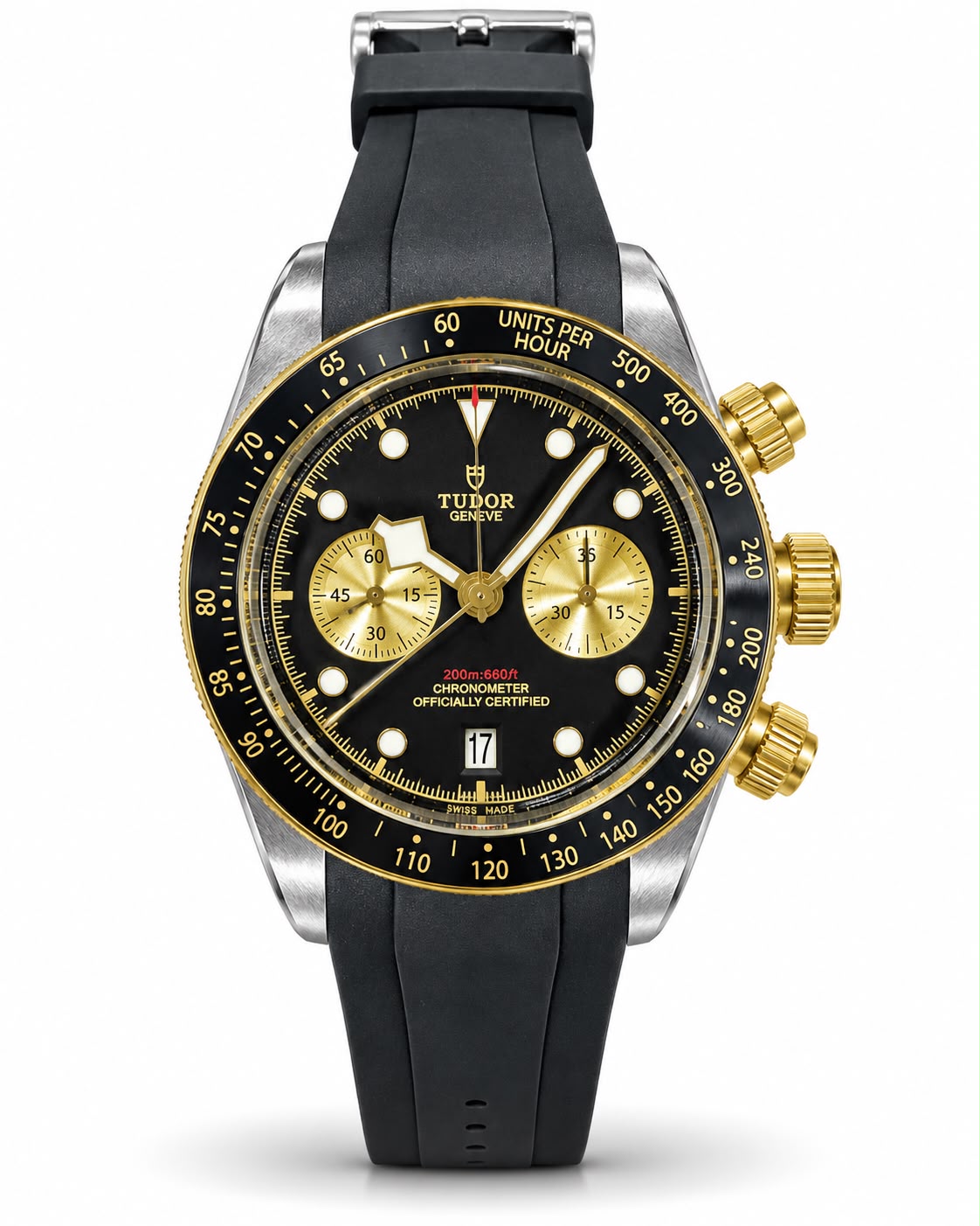 Tudor Black & Gold Chronograph Automatic Watch – Black Dial & Rubber Strap
