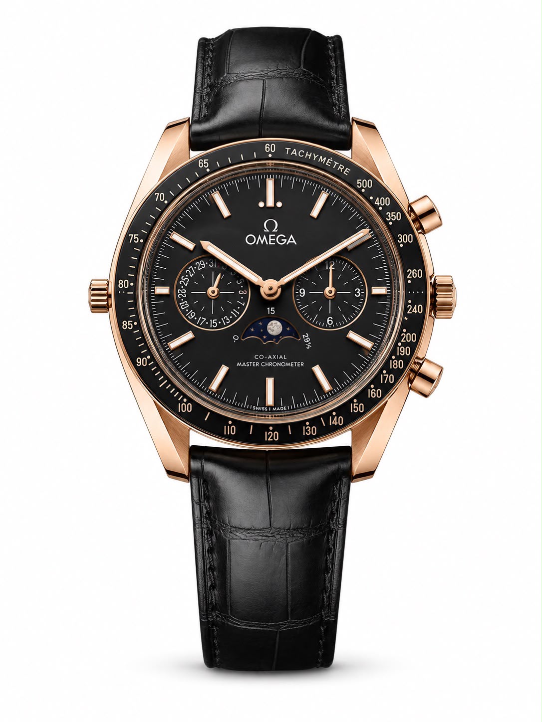 Omega Speedmaster Moonwatch Black Dial Rose Gold Chronograph automatic – Black Leather Strap